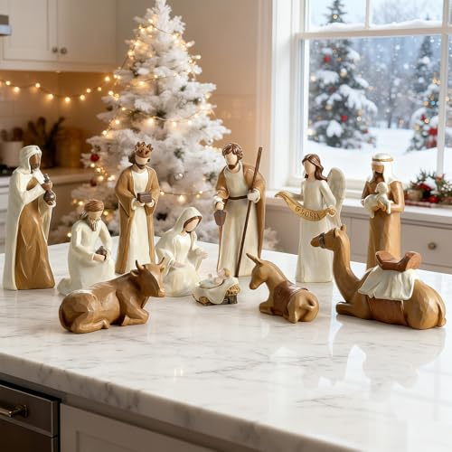 Storieme Krippenfiguren Set Weihnachten - Weihnachtskrippe Komplettset 12 Harz Figuren mit Heilige DREI Könige für Weihnachtsdeko, Kirche & Geschenke - Höchste Figur 20cm