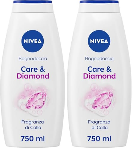 NIVEA Bagnodoccia Care & Diamond 750 ml, Bagnoschiuma in crema detergente e idratante, Crema docciaschiuma arricchita con Vitamine C, E e Oli Nutrienti dal profumo floreale di Calla (Confezione da 2)