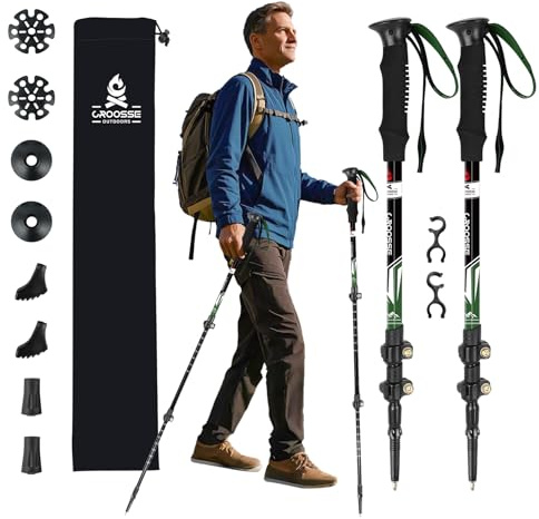 Bastones de Trekking Telescópicos Ligeros de Aluminio, Pack de 2 | 275 g por Bastón, Compactos y Ajustables, con Antichoque, Cierres de Giro y Palanca, Empuñaduras EVA y Accesorios Todoterreno