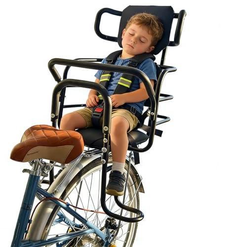 Asiento trasero para niños con reposacabezas ajustable; asiento trasero para bicicleta con reposapiés, respaldo y pasamanos. Silla portaniños para bicicleta, diseñada para edades de 18 meses a 8 años.