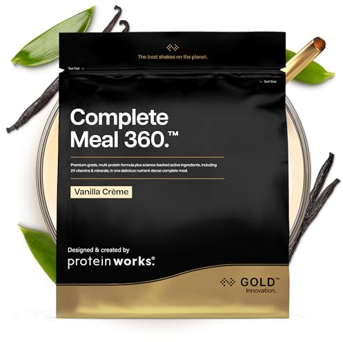 Protein Works Complete Meal 360 Gold Innovation, batido de sustitución de comidas, alta proteína, Omega 3, 165 beneficios para la salud, dura 3 – 5 horas, crema de vainilla, 5 comidas, 500 g