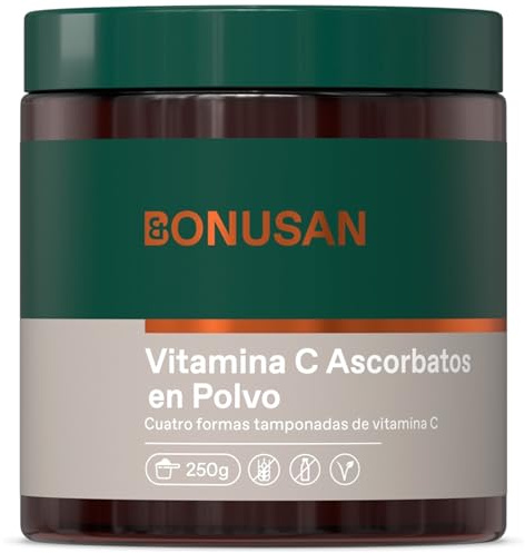 Bonusan Vitamina C en Polvo (Ascorbatos Minerales) 250gr - Alta Dosis No Ácida y Suave para el Estómago - Con Magnesio, Potasio y Zinc - Sistema Inmune, Energía y Colágeno -