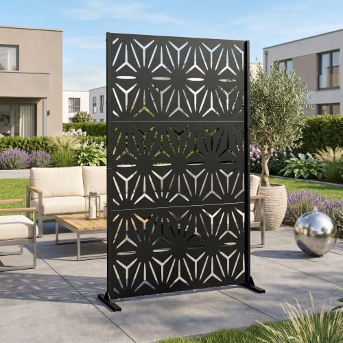 casa.pro Pannello Divisorio Decorativo in Acciaio Zincato 180x120 cm Frangivista a Motivo Raggi Floreale Separé Paravento per Giardino Balcone Soggiorno - Nero