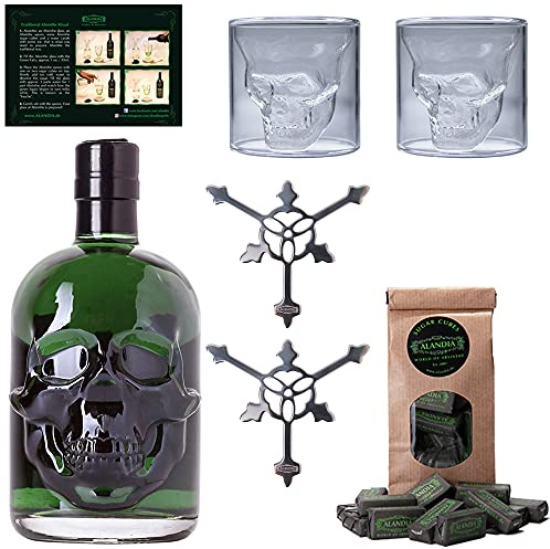 Totenkopf Absinth Set | 1x Hamlet Classic Green von ALANDIA | 2x Skull Gläser | 2x Edelstahl Löffel | 1x Zuckerwürfel