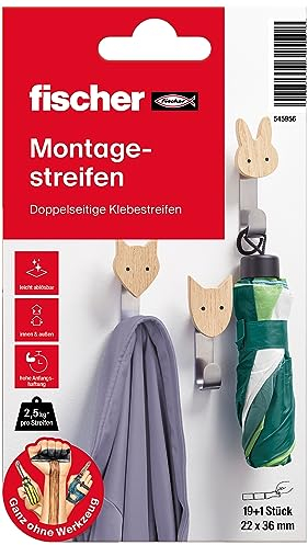 fischer Montagestreifen, dopelseitige Klebestrips, starkes Klebeband, einfach wieder ablösbar, Aufhängung ohne Bohren/Schrauben, für Bilder, Deko, Haken, uvm., 20 Strips