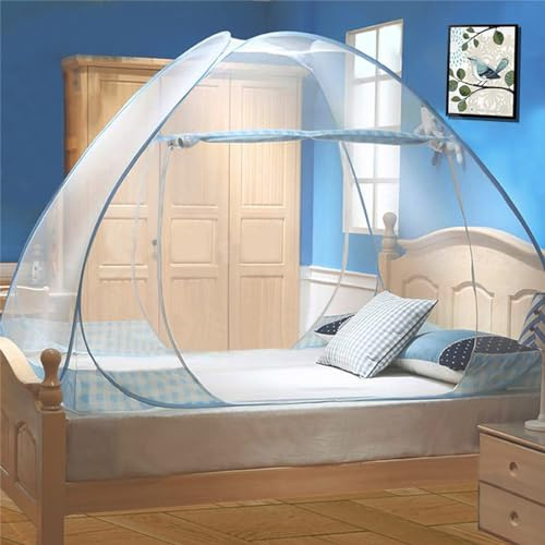 Digead Pop-up Zanzariera a Cupola per Letto Matrimoniale, 180x200 cm con Doppia Porta, Leggera e Traspirante in Poliestere Misto, Pieghevole e Portatile per Casa Viaggio Campeggio - Bordo Blu