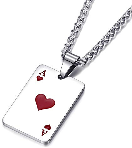 MOO&LEE Stainless Steel Pendant Necklace for Men and Women Small Poker Card Pendant with 24 Inch Link Chain, Heart Ace