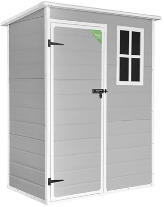WASABI Abri de Jardin en Résine Unit 1.4 - Assemblage Simple - Fenêtre à lumière du Jour - Panneaux de 12mm d'épaisseur - Plancher Inclus - Blanc Gris - Cabane de Stockage extérieur en PVC 1,37m2