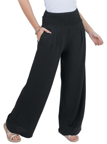 Lofbaz Women Linen Palazzo Wide Leg Pants Flowy Lounge Casual High Waist Trousers Summer Beach Boho Long Pant with Pockets Black XL
