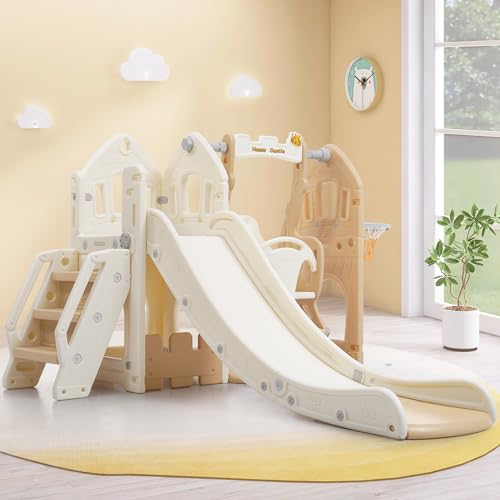 Scivolo per bambini 5 in 1, per interni ed esterni, per bambini dai 3 ai 6 anni, con scivolo, arrampicata, vano portaoggetti, altalena e canestro da basket, scivolo per bambini, scivolo da giardino