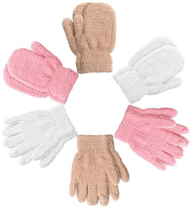 SATINIOR 6 Pairs Toddler Knitted Gloves Kids Winter Warm Stretchy Mittens Soft Lightweight Mittens for Boys and Girls(for 1-3 Years Old,White, Pink, Brown)
