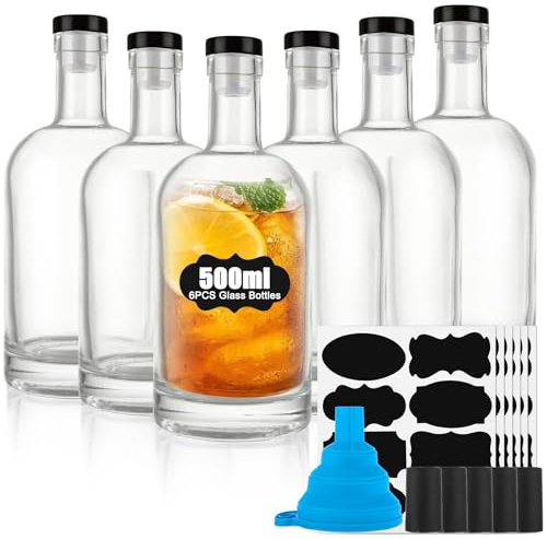 WOPPLXY 6PCS Glass Bottle with Stopper 500ml/16oz - Whiskey Decanter Glass Liquor Bottles for Homemade Cocktail - 500ml Glass Decanter with T-Top Caps, Stopper and Labels for Restaurants, Bar, Bistro
