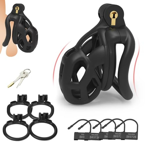 AMZII 2.0 Kit Cage de Chasteté Pénis,Chasteté Pour Pénis en Résine 3D,avec 4 Anneaux de Pénis Arc Penisring,Cages de Chasteté pour Homme,Cage à Pénis Chastity Cage Cock Cage,Kit BDSM Bondage (M)