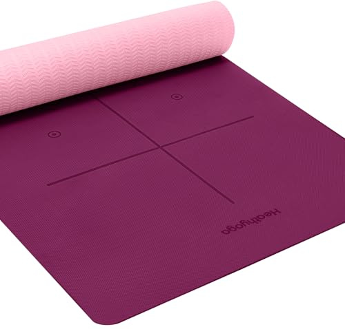 Heathyoga Esterilla de yoga antideslizante de TPE para pilates, entrenamiento en casa, gimnasio, fitness, tapete de yoga grueso y caliente con correa de alineación corporal, 72 x 26 pulgadas de grosor