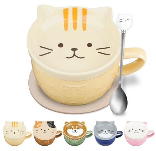 Taza de café de cerámica con tapa, taza de café con tapa, 3D Kawaii, taza de leche con tapa creativa, cuchara, posavasos, taza de té de 300 ml, regalo de cumpleaños para amantes de los gatos y mujeres