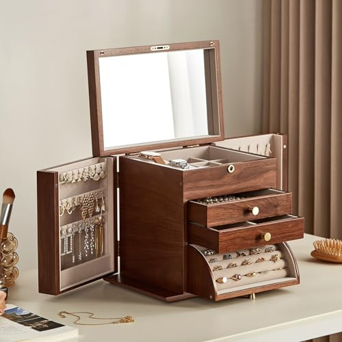 Homruilink Portagioie in legno di noce nero, organizer per gioielli a 4 strati in legno massello con 2 porte laterali con specchio chiudibile a chiave, Regalo per Lei