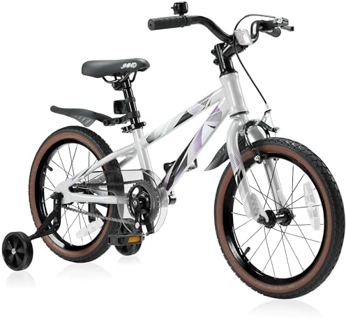 JMMD Kids Bike for Ages 4-12 Years Old Boys Girls, 14 16 18 Inch Kids Bike with Training Wheels & Kickstand, Kids Bicycle for Toddlers and Kids with Handbrake (18 silverpurple)