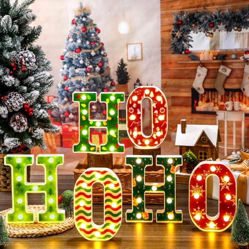 Glooglitter Christmas Decorations Indoor Marquee Light up Letters 8.5 Inch LED Light up Sign Christmas Table Decorations for Mantle Home Bedroom Tabletop Fireplace Wall Xmas Decor(Ho Ho Ho)