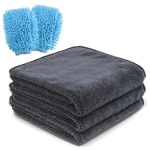 Set per la cura dell'auto, 3 panni in microfibra (30 × 30 cm) e 2 guanti da bagno, panni in microfibra morbidi e assorbenti, panno asciutto e guanto da bagno, ideali per lavaggio auto e pulizia del