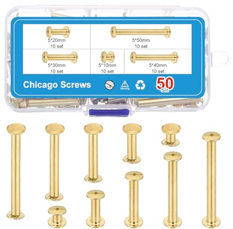 PATIKIL 100Pcs Chicago Screws, M5 x 10/20/30/40/50mm Plated Chicago Screw Phillips Binding Post Screw Rivets for Leather Belt Scrapbook, Gold