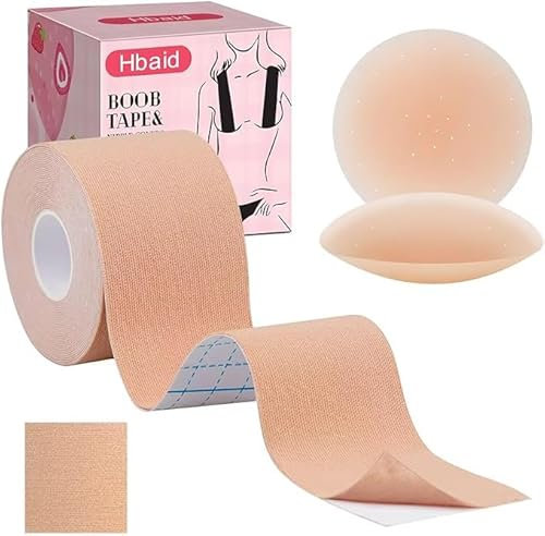Hbaid Boob Tape Brust Tape Set-Klebe BH Unsichtbar Push Up für Große Brust (A-G Körbchen), 2 Wiederverwendbare Silikon Brustblüten & Testpflaster | Ideal für Hochzeiten, Partys & rückenfreie Kleider