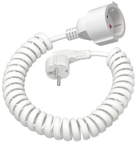 Cavo di prolunga a spirale, 3 m estensibile (0,9 – 3 m), 230 V/16 A, cavo a spirale in PVC per cucina, ufficio, officina, bianco