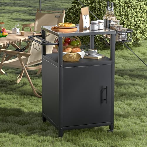 Skokliz Carro de barbacoa para exteriores, con ruedas, resistente a la intemperie, multifuncional de acero inoxidable para barbacoa y jardín
