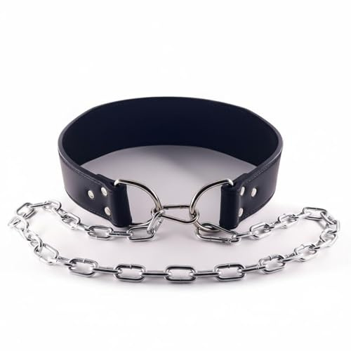 Folpus Ceinture de Musculation Ceinture de Traction Ceinture de Ceinture Dips en Cuir avec Chaîne Amovible 90 Cm Coutures, Collier En Cuir De Vachette Noir