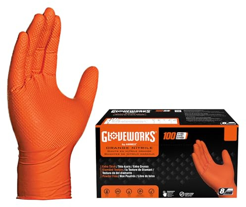 GLOVEWORKS 8 Mil Orange Nitrile Disposable Gloves Heavy Duty Industrial RDT for Mechanic and Automotive, Medium Box of 100