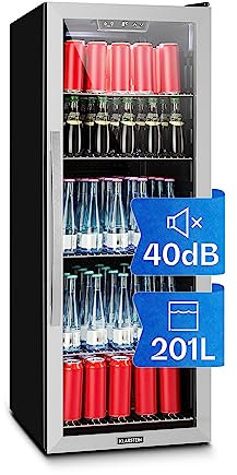 KLARSTEIN Beersafe XL - Refrigeratore Bevande, Frigorifero, Ripiani in Metallo, Porta a Vetro, Classe Energetica G, Libera Installazione, Frontale in Acciaio Inox, 201 L, Nero