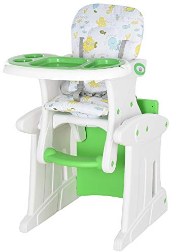 HOMCOM Trona para Bebés 2 en 1 para 6 Meses a 6 Años Transformable en Mesa y Silla Multifuncional Ajustable en 3 Posiciones Respaldo Alto Acolchado con 2 Bandejas Extraíbles 57x59x105 cm Verde