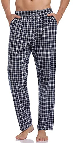 NC Herr pyjamasbyxor lång bomull rutiga sovbyxor pyjamasunderdel pyjamasbyxor fritidsbyxor loungebyxor för män, Mörkblå + vit, XXL