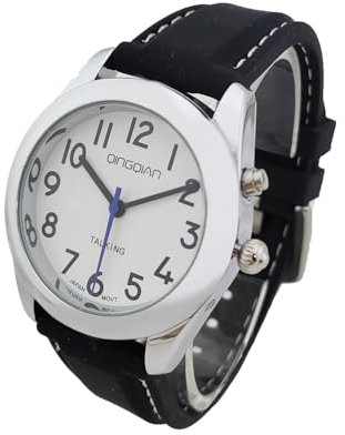 QINGQIAN English Talking Watch Suitable for Middle-Aged and Elderly People and Visually impaired People, Silver Shell, Black Watch Strap, Neutral Style