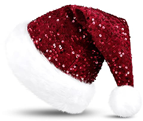 KONVINIT Sequin Santa hat Christmas Hat for Adult Luxury Plush with aPompom