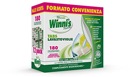 Winni's - Pastiglie per Lavastoviglie, 180 Tabs, Detersivo Multiazione Detergente, Sgrassante, Antiodore e Brillantante, Fragranza di Limone, con Materie Prime di Origine Vegetale, Confezione da 12