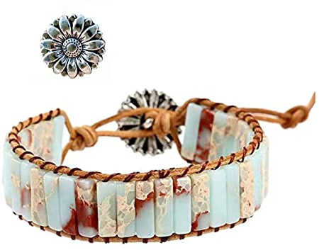 KunBead Sunflower Green Chakra Bracelets for Women Healing Crystal Imperial Jasper Natural Gemstone Bead Wrap Leather Bracelets for Women