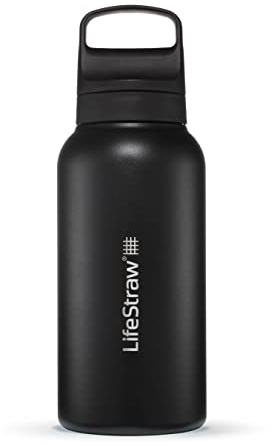 LifeStraw Go Serie - Isolierte Edelstahl-Trinkflasche mit Wasserfilter 1l für die Reise & jeden Tag - entfernt Bakterien, Parasiten, Mikroplastik + verbesserter Geschmack, Nordic Noir (schwarz)