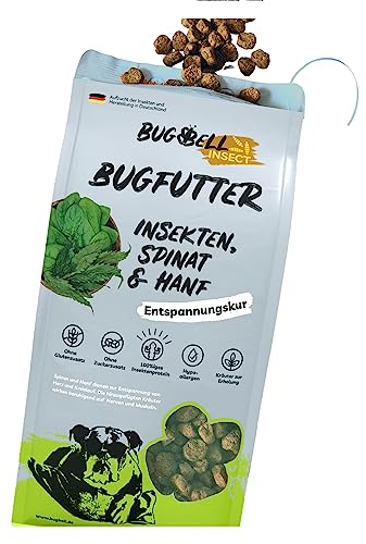 BugBell 900g Hundefutter trocken getreidefrei, Spinat & Hanf & Hanf & Heilkräuter zur Entspannung, verträgliche Insektenproteine, 100% bedarfsdeckend, hypoallergenes & purinarmes Trockenfutter