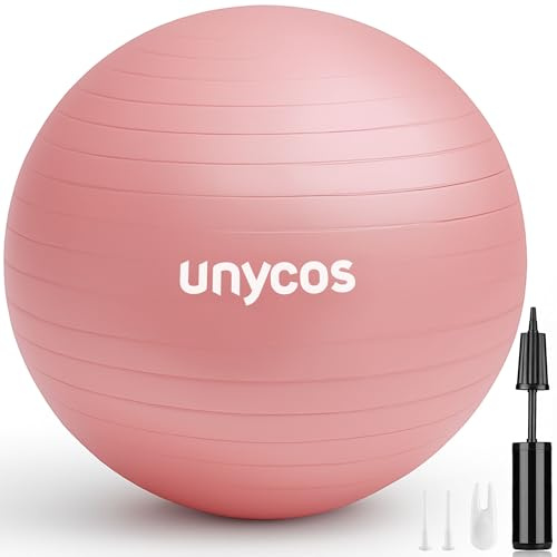 unycos - Pelota de Pilates, Gimnasia, Yoga, Fitness y Embarazo, Fitball Antideslizante y Anti-Burst【75 cm】de PVC Extra Grueso, Resistencia de 300 kg, Incluye Hinchador (Rosa Claro con Logo)