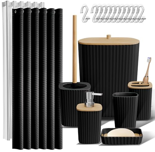 Clara Clark Bathroom Accessories Set - Bathroom Accessory Set with Shower Curtain Set, Toilet Brush, Trash Can & Soap Dispenser (Black, Complete Set)