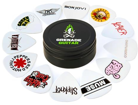 Grenade Guitar – Guitar Picks Gift Tin & Pick Case | 12 Pcs Guitar Picks Set (X-Thick, Thick, Medium & Thin) | Plectrums for Acoustic & Electric Guitar | Guitar & Gear Accessories