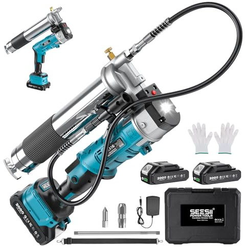 Seesii Innovative 2-in-1 Electric Grease Gun Kit, 12000 PSI High-Efficiency | 5.3 oz/min High-Flow Grease Gun with 2 * 2.0Ah Batteries and Charger, Easy-to-Use for Farmers, Equipment Operators & Owners