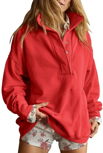 Gacaky Sweatshirt for Women Oversized Casual Long Sleeve Button Henley Neck Pullover Tops Fashion Outfits Clothes Red S
