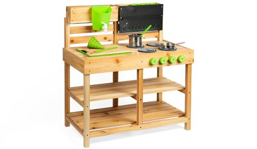 Bigjigs Toys Cocina de barro - Cocina exterior de madera con ollas y sartenes, cocina con juguetes para niños, juguete sensorial para niños pequeños, regalos sostenibles para niños, hechos de