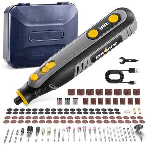 Enventor 8V Outil Rotatifs Multifonction Sans Fil, Mini Perceuse Sans Fil, 2 000 mAh, 5-Vitesses, 30 000 RPM Max, 125 Accessoires pour Sculpture, PonçAge, Polissage, DéCoupe, PerçAge