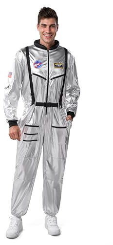 Spooktacular Creations Disfraz de astronauta de Halloween para hombre, traje espacial plateado, mono espacial, traje de piloto para fiestas de disfraces, cosplay (XL)