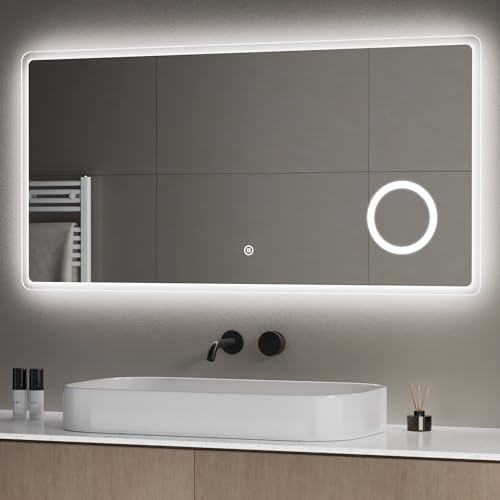 S'AFIELINA 120 x 60 cm mirroir maquilleur Lumineux, Miroir Mural LED avec loupe 3X, Miroir de Salle de Bains avec éclairage, 6500K avec Interrupteur Tactile, Fonction mémoire, IP44