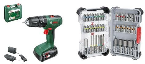 Bosch Home and Garden Cordless Hammer Drill EasyImpact 18V-40 (1 Battery 2.0 Ah, 18 Volt System, in Carrying case) + 43x Extra Hard Screwdriver Bit Set (197 x 110.5 mm, Accessories)