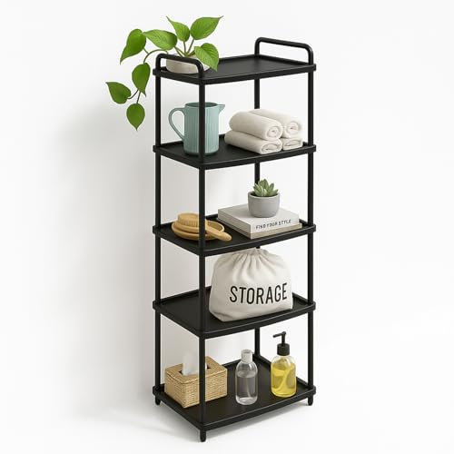 ABBAware Standregal mit 5 Ebenen - 40 x 30 x 111 cm Kunststoff schwarz - schmales Regal für Küche, Bad, Keller & Abstellraum - Badezimmerregal & Kellerregal ohne Bohren - schmales Regal