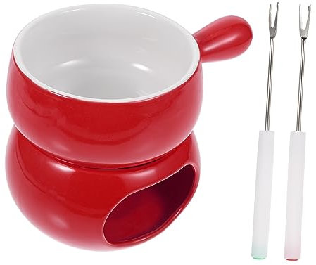 CHICAMPERA Juego De Fondue De Chocolate y Queso Cerámico Rojo, Olla para Derretir Chocolate Mango, Portátil y Resistente para Cocina y Reuniones, Set Base y 2 Tenedores